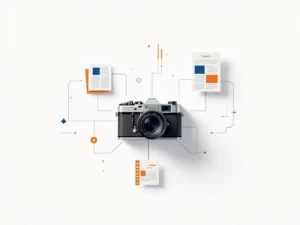 Vintage camera met geometrische krantenlay-outs en fotografische elementen in minimalistische illustratie