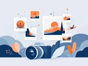 Gestileerde camera met zwevende geometrische fotolijsten met abstracte nieuwsscenario's in blauw, oranje en wit