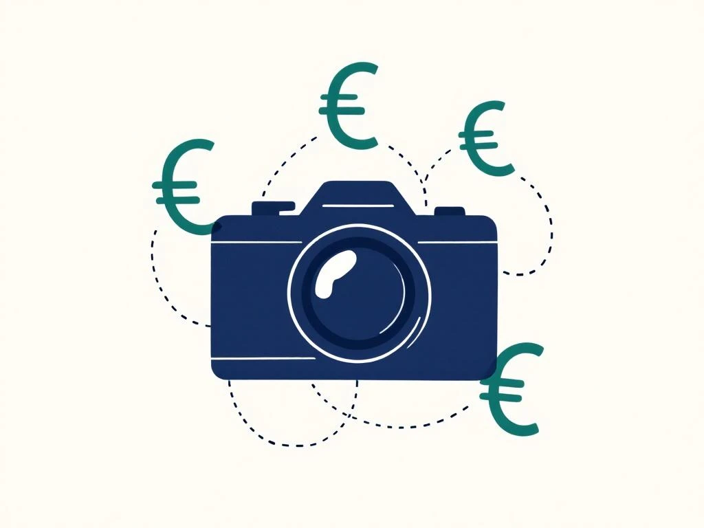 Navy blauwe camera icoon omringd door drie euro symbolen in teal, verbonden met stippellijnen op crème achtergrond