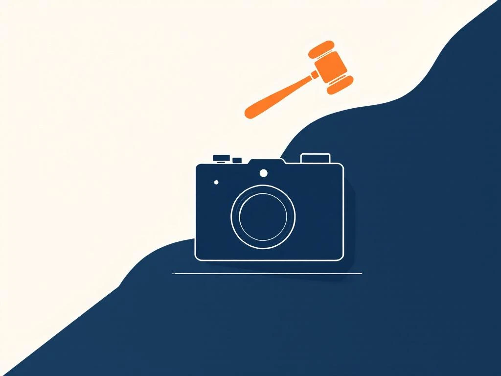 Geometrische camera-silhouet in marineblauw met amber hamer-icoon erboven, verbonden door lijnen op grijze achtergrond