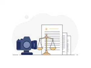 Professionele camera silhouet naast juridische documenten met gouden weegschaal, symboliseert fotografie rechten
