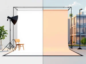 Gesplitste compositie toont witte studiofotografie setup links en moderne kantoorgebouwen voor buitenopnames rechts
