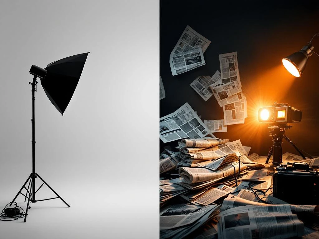 Gesplitste compositie toont gecontroleerde studiofotografie links en dynamische nieuwsfotografie rechts met vintage camera