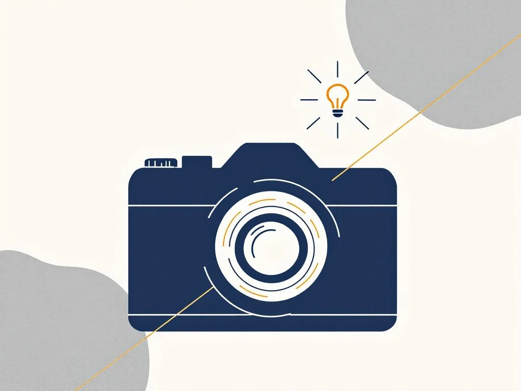 Navy camera silhouet met gouden lijnen en gloeilamp icoon op crème achtergrond, minimalistische fotografie illustratie