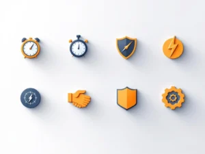 Acht geometrische iconen voor fotografievaardigheden in een raster: camera, stopwatch, oog, bliksem, kompas, schild, handdruk, tandwiel