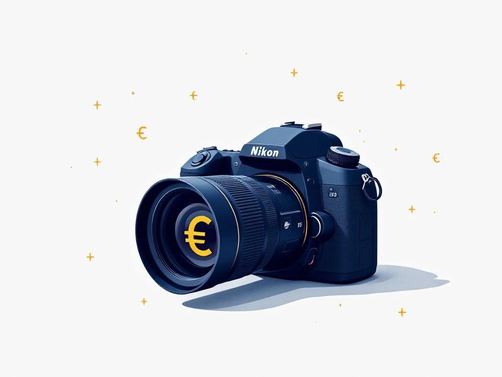 DSLR-camera met telelens omringd door euro-symbolen in marineblauw en goud kleurenschema voor fotojournalistiek