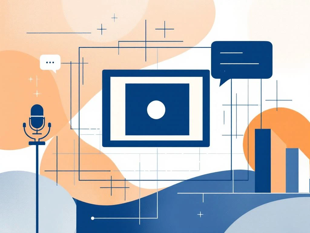 Minimalistische illustratie van camera zoeker met microfoon, spraakballon en gebouwen in navy blauw en oranje tinten