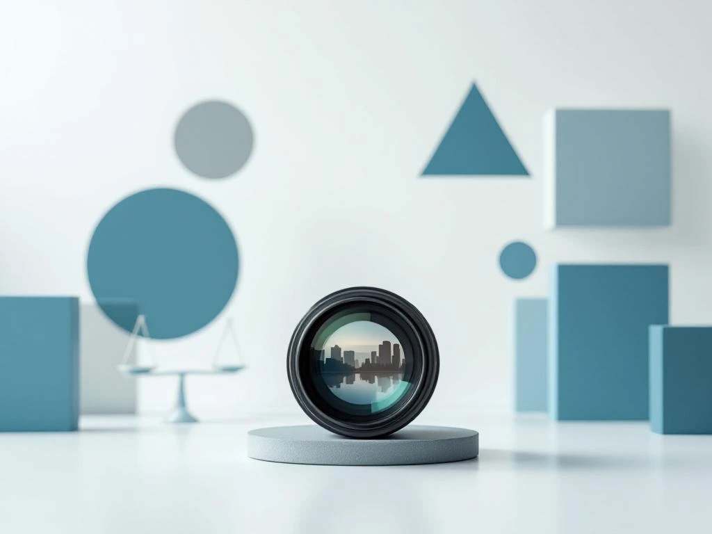 Vintage cameralens met geometrische vormen en weegschaal op witte achtergrond, symboliseert objectieve fotojournalistiek