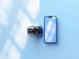 Vintage filmcamera en moderne smartphone met social media-iconen verbonden door geometrische lijnen op witte achtergrond