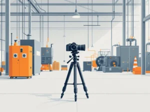 Industriële camera op statief in minimalistische fabriekssetting met geometrische vormen en gedempte kleuren
