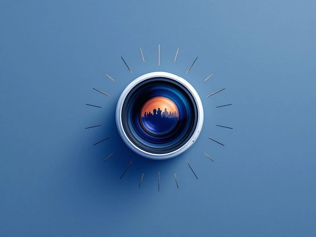 Minimalistische cameralens met geometrische stralen op witte achtergrond, newsroom silhouet reflectie, donkerblauw en amber