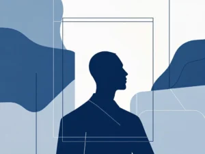 Silhouetfiguur in zelfverzekerde pose tegen zachte gradiënt, minimalistische compositie met geometrische vormen in blauw en grijs