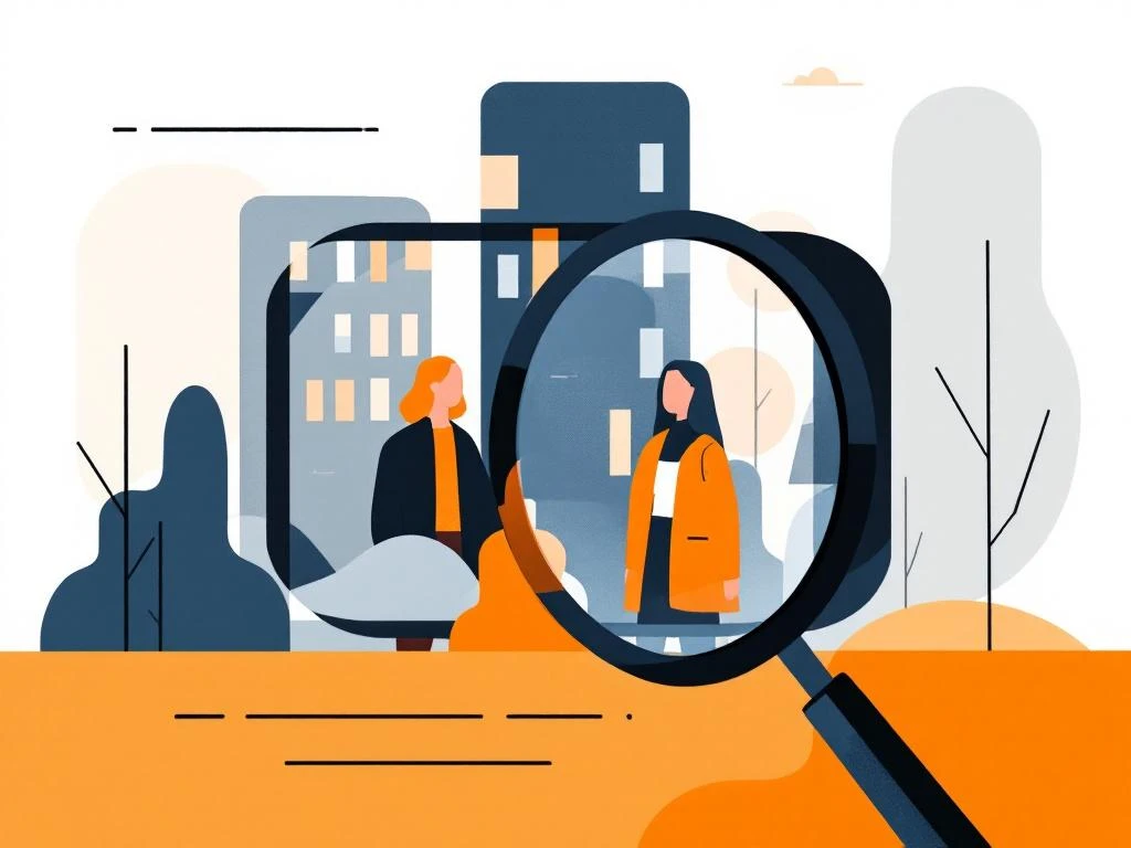 Minimalistische illustratie van camera zoeker met geometrische nieuwsscène, vergrootglas en professioneel kleurenpalet