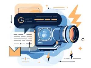 Professionele camera met telelens omringd door geometrische nieuwselementen in blauw en oranje tinten