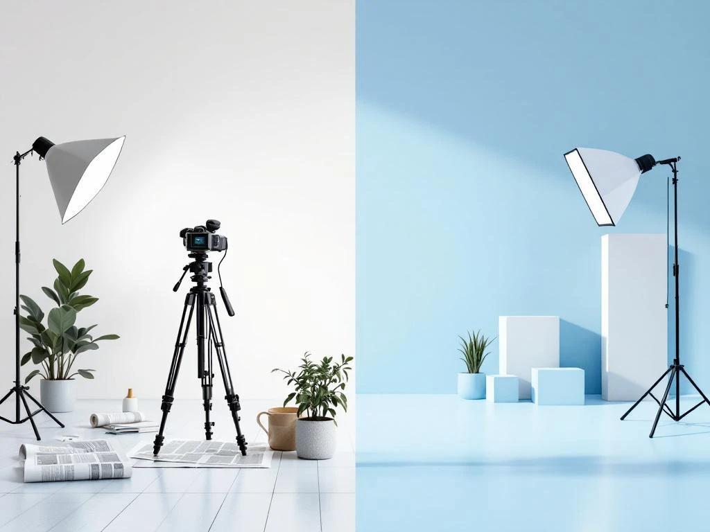 Gesplitst scherm toont nieuwsredactie met camera op statief links en professionele bedrijfsstudio met verlichting rechts