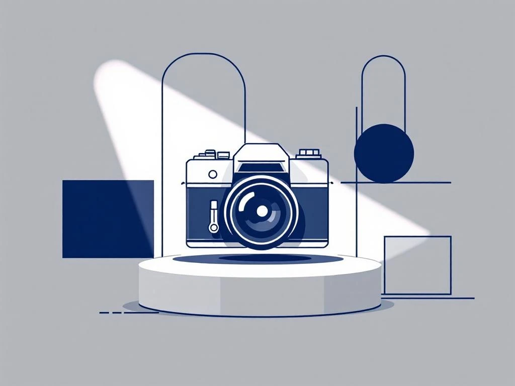 Minimalistische navy blauwe camera icoon met geometrische vormen op neutrale achtergrond voor zakelijke fotografie