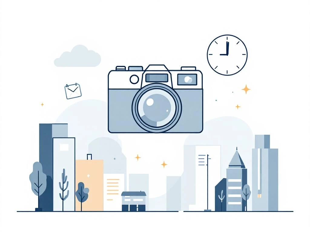 Moderne camera-icoon met klok-elementen in minimalistische stijl, blauwe en grijze tinten op witte achtergrond