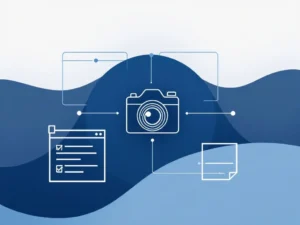 Minimalistisch camera-icoon met checklist en workflow-elementen op blauwe gradient achtergrond voor zakelijke fotografie