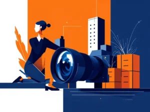 Professionele camera in minimalistische illustratie met navy blauwe en oranje tinten, geometrische kantoorvormen op achtergrond