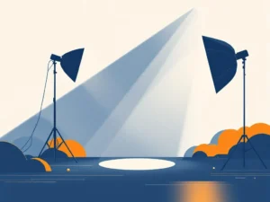Minimalistische camera silhouet met professionele fotografie-uitrusting in marineblauw op crème achtergrond