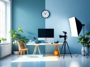 Split-screen kantooromgeving met bureau en computer naast professionele fotoapparatuur met statief en softbox verlichting