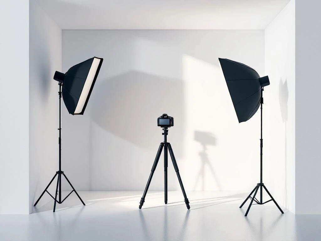 Professionele camera met statief en softbox in minimalistische witte fotostudio met geometrische vormen