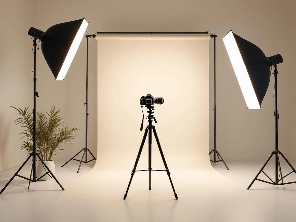 Professionele camerastudio met camera op statief, zachte verlichting en minimalistische inrichting in neutrale tinten.