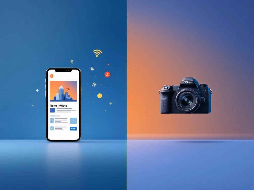 Smartphone met nieuwsfoto naast professionele DSLR-camera in minimalistisch split-screen ontwerp met blauwe en oranje tinten