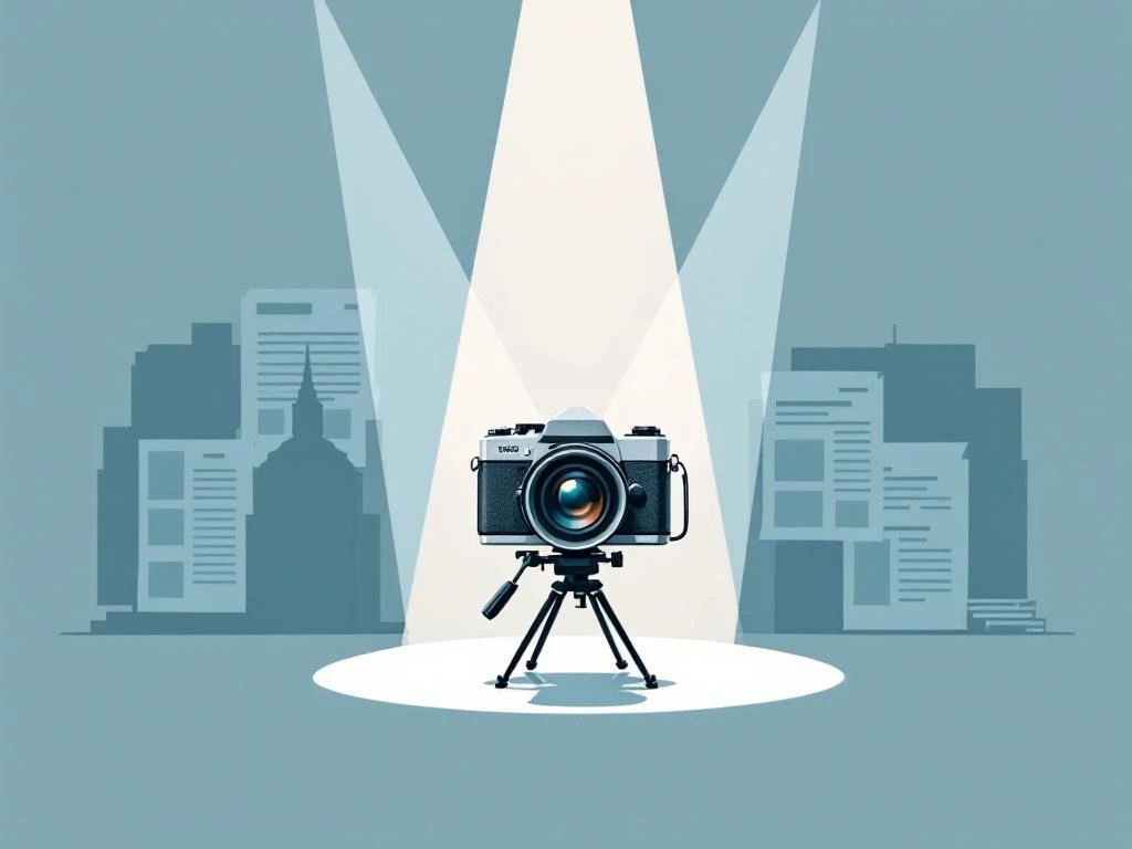 Vintage filmcamera met geometrische lichtstralen op minimalistische achtergrond van krantensilhouetten in blauw en grijs