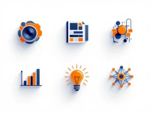 Vijf visuele communicatie-iconen in minimalistisch rasterontwerp: camera, kleurenpalet, grafiek, lamp en netwerk