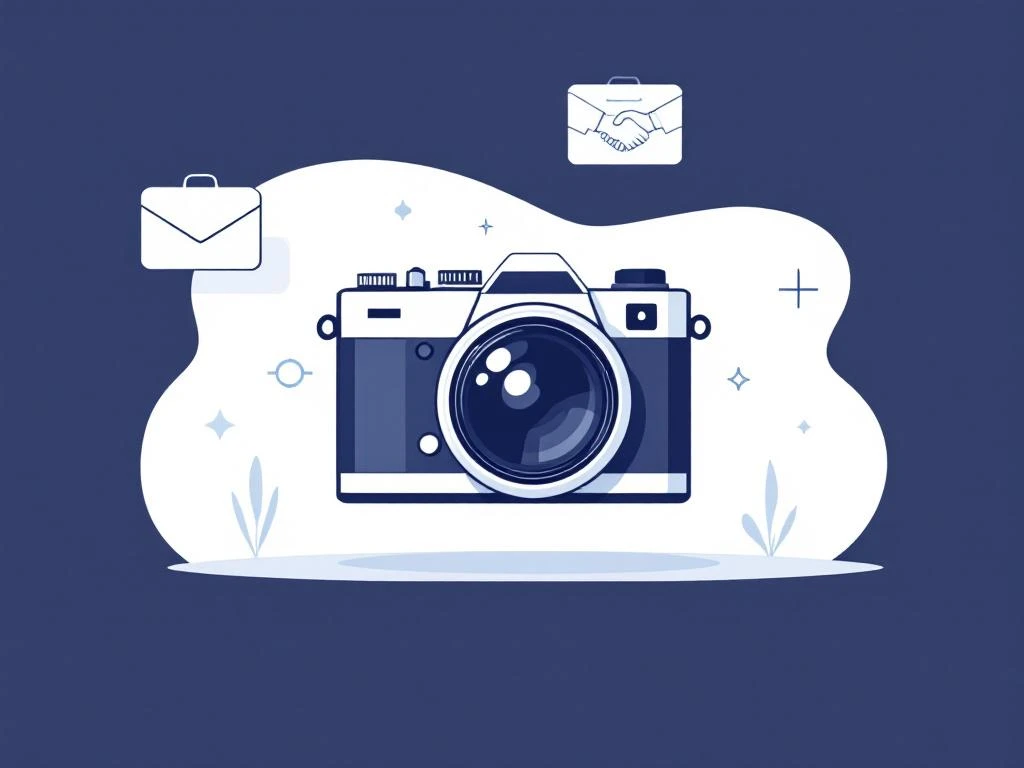 Moderne camera omringd door zakelijke pictogrammen in minimalistische stijl voor professionele fotografie diensten