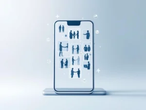 Smartphone met zakelijke foto's die erboven zweven, sociale media-iconen, minimalistische blauwe en grijze ontwerp