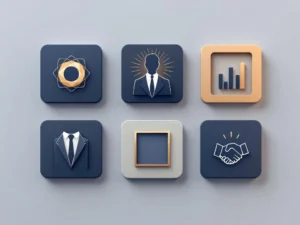Vijf geometrische iconen voor bedrijfsportretten in navy en goud: camera, pak, verlichting, compositie en handdruk