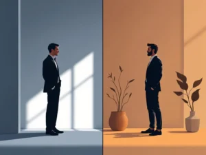 Split-screen illustratie toont contrast tussen stijve formele fotopositie links en ontspannen natuurlijke houding rechts