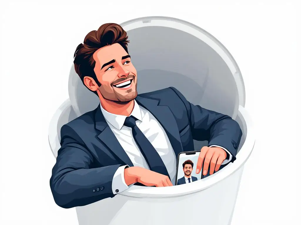 Zakenman in pak weggegooid in prullenbak naast smartphone met authentieke werkplaatsfoto, vectorillustratie