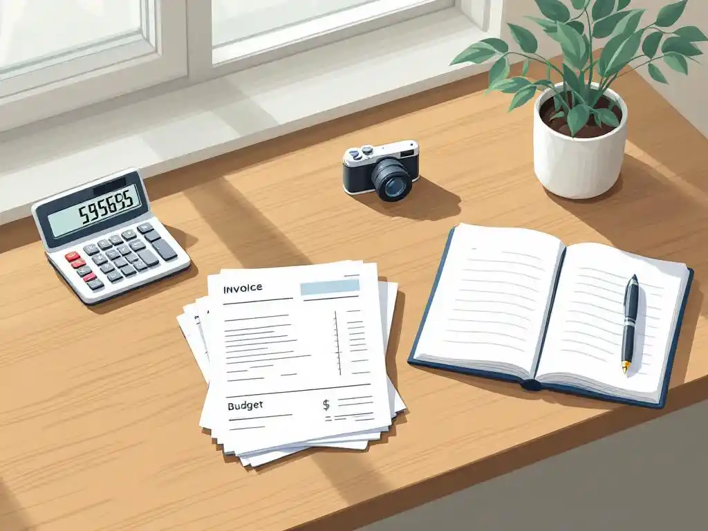 Houten bureau met rekenmachine, facturen, notitieboek en pen in vlakke vectorstijl met zachte blauwe en grijze tinten