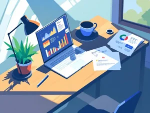 Laptop met kleurrijke grafieken op houten bureau, koffiekop, pen en klanttestimonials in vectorstijl