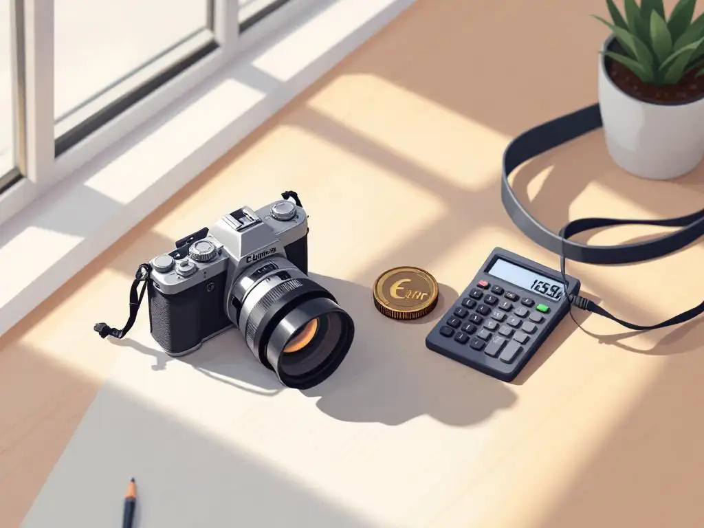Professionele camera op houten bureau naast rekenmachine en euromunt, zachte natuurlijke belichting