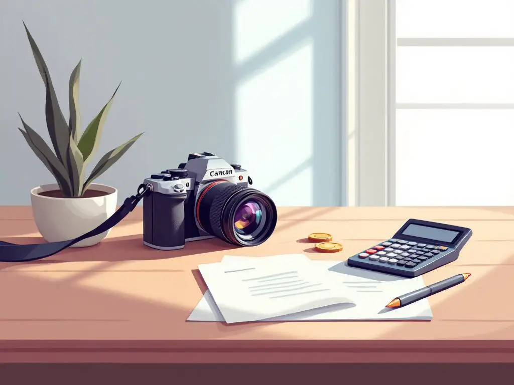 Professionele camera op houten bureau naast rekenmachine en euromunten in natuurlijk licht, vector illustratie