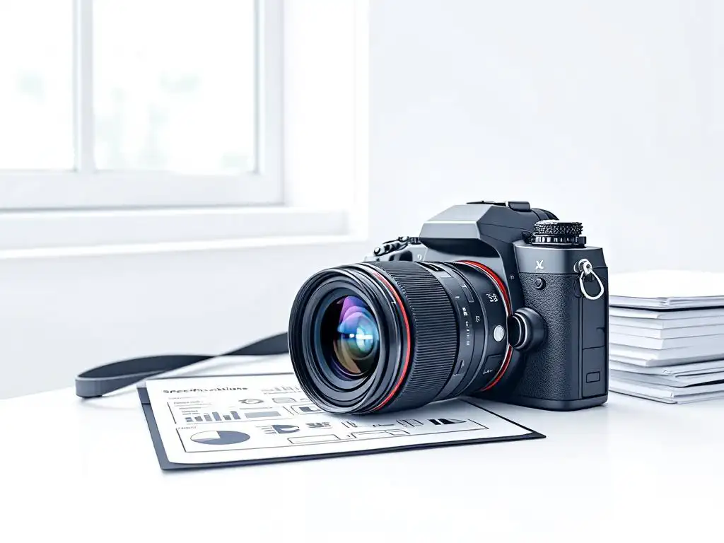 Professionele camera op wit bureau naast technische documenten, minimalistische vectorillustratie in grijstinten