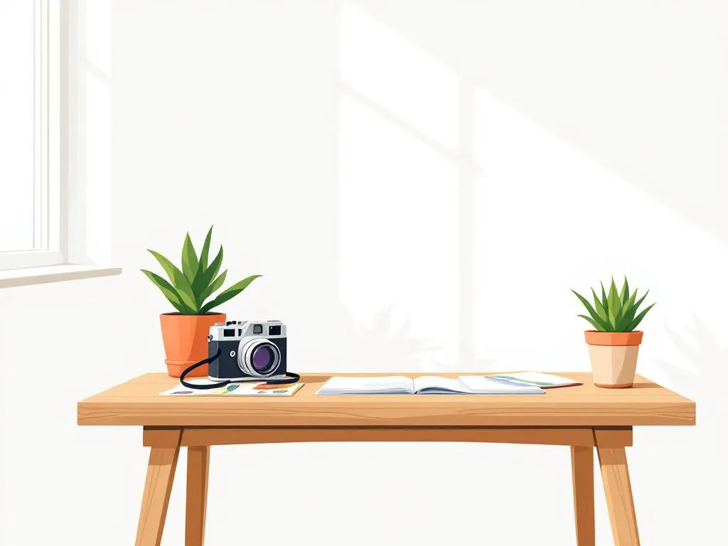 Vintage filmcamera naast stapel eurobiljetten op houten bureau met vetplant, minimalistische vectorillustratie