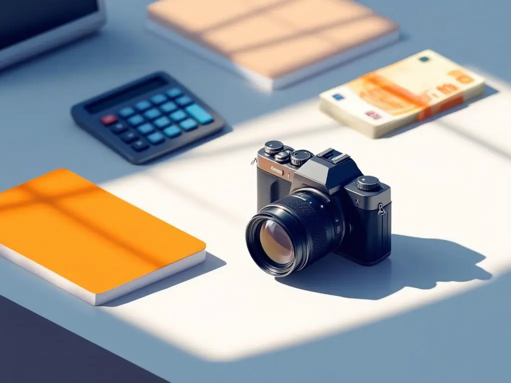 Moderne camera op wit bureau naast eurobiljetten en rekenmachine in platte vectorstijl met blauwe en oranje tinten