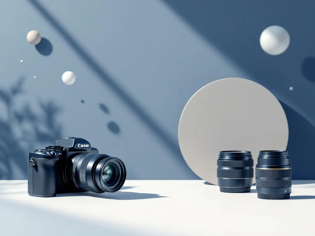 Moderne camera op witte ondergrond met professionele fotografie-apparatuur in vector illustratiestijl
