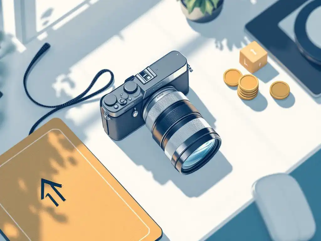 Moderne camera op wit bureau naast muntstapel en houten pijl omhoog, blauwe en gouden kleuren, vectorstijl