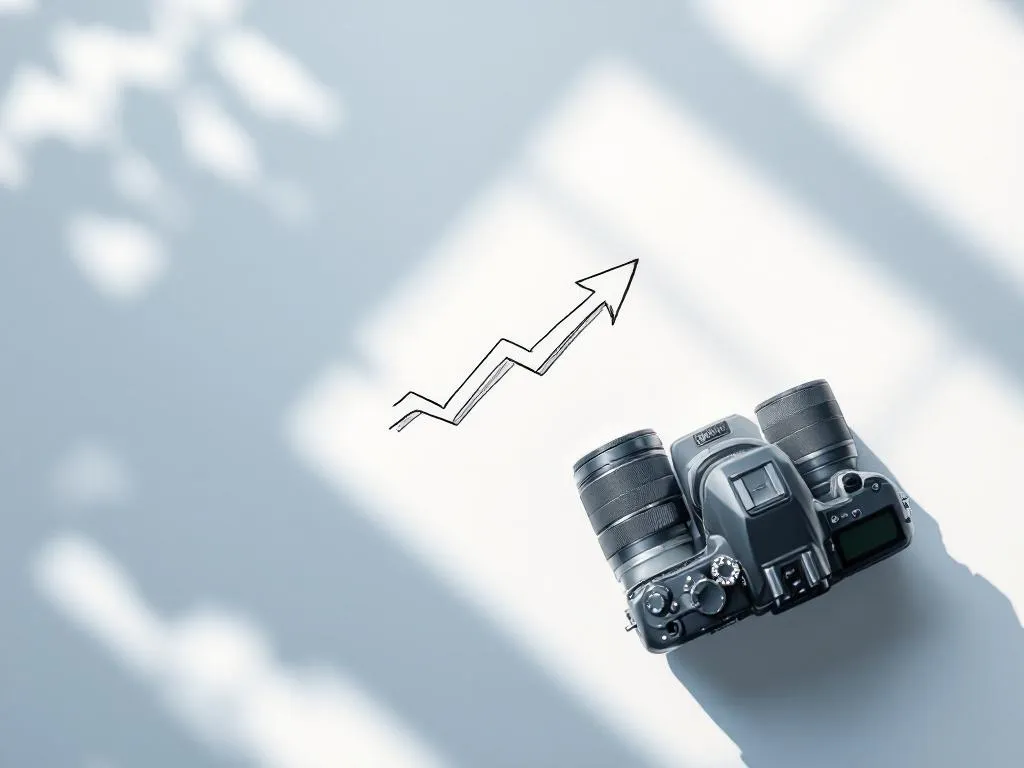 Professionele camera naast opwaartse pijl op witte achtergrond, vectorillustratie in blauw en grijs