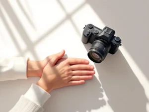 Professionele camera en handdruk op witte achtergrond, vectorillustratie met warme verlichting en aardse tinten