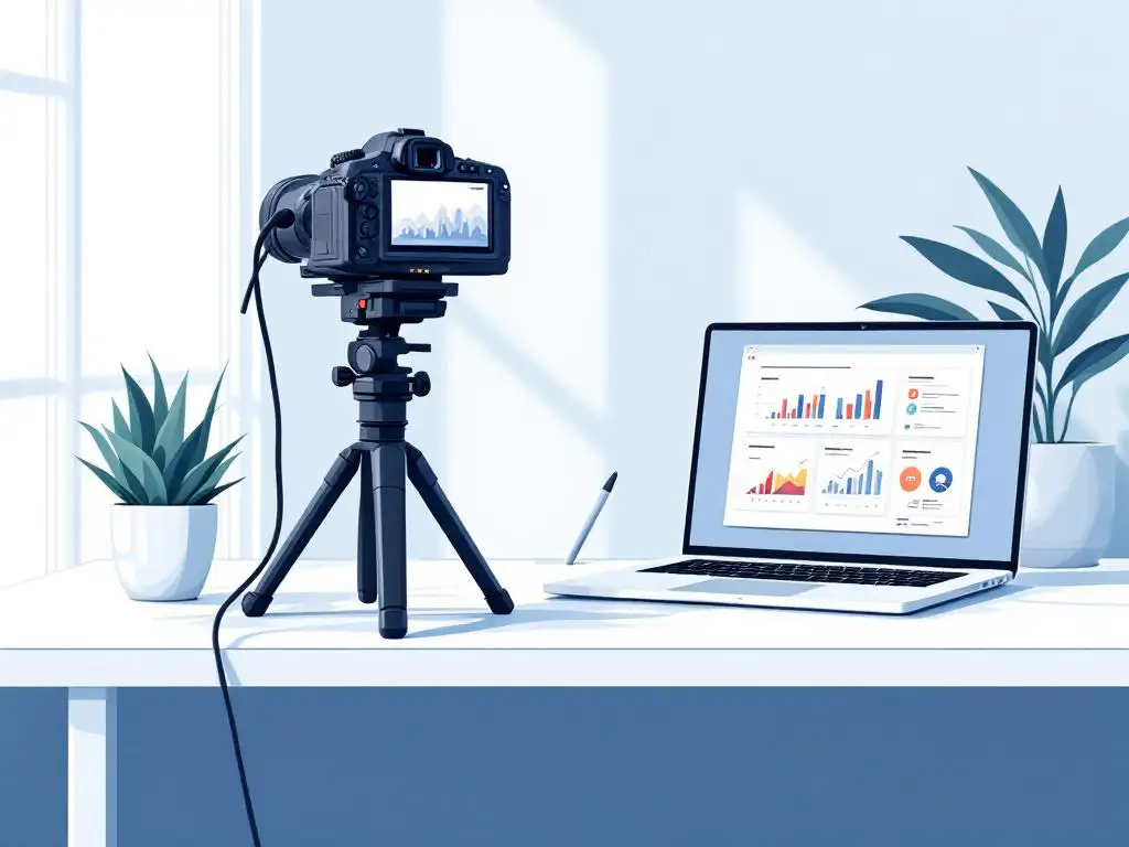 Professionele camera op wit bureau naast laptop met presentatie en vetplant in minimalistische werkruimte