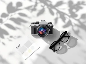 Camera naast kleurenpalet kaart op witte ondergrond, minimalistische compositie met zachte natuurlijke belichting