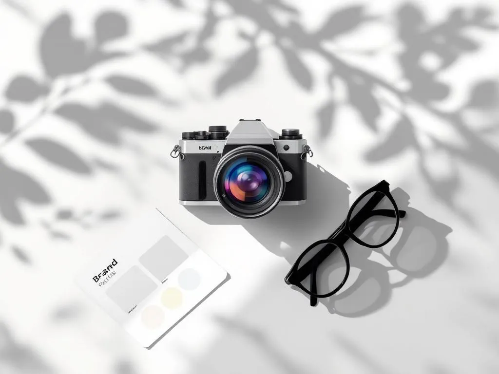 Camera naast kleurenpalet kaart op witte ondergrond, minimalistische compositie met zachte natuurlijke belichting