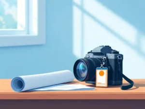 Professionele camera met persbadge en krant op houten bureau in vector-stijl met blauwe en oranje kleuren